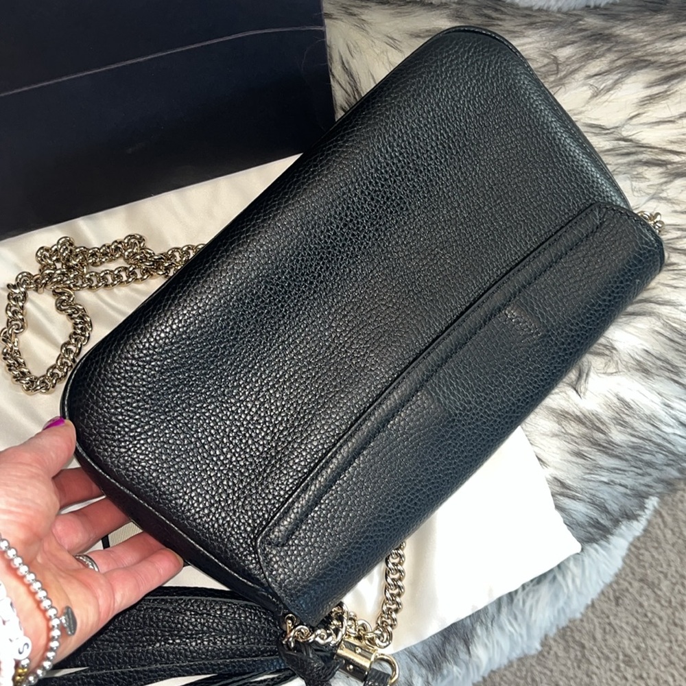 Gucci Soho Interlocking GG Black Leather Gold Chain Flap Shoulder Bag Purse - Picture 9 of 17